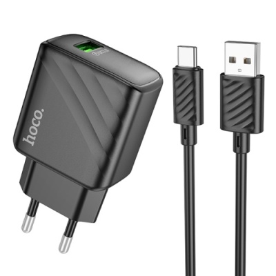 мережевий зарядний пристрій hoco cs21a 1usb/18w/qc3.0 + (usb - type-c) (чорний) 