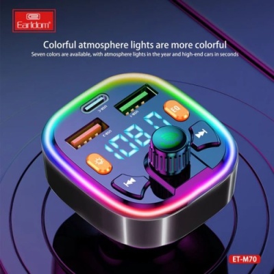 FM Модулятор Earldom ET-M70 PD18W/RGB 7 colors/USB/USB-C/U-Disk/3.1A (Чорний)