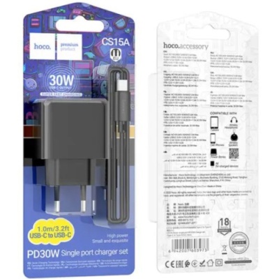 мережевий зарядний пристрій hoco cs15a 1type-c/30w/pd + (type-c - type-c) (чорний) 