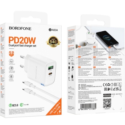 мережевий зарядний пристрій borofone ba83a 1usb/18w/qc3.0 + 1type-c/20w/pd + (type-c - type-c) (білий) 