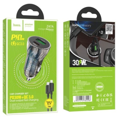 Автомобільний Зарядний Пристрій Hoco Z47A Transparent 1USB/18W/QC3.0 + 1Type-C/30W/PD + (Type-C - Lightning) (Прозорий чорний)