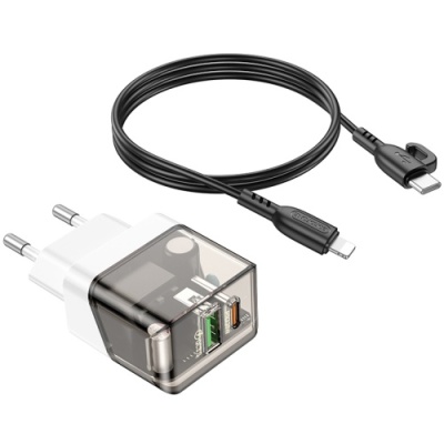 мережевий зарядний пристрій borofone ba80a 1usb/18w/qc3.0 + 1type-c/20w/pd + (type-c - lightning) (прозоро-чорний) 