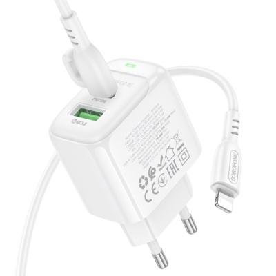 мережевий зарядний пристрій borofone bas45a 1usb/18w/qc3.0 + 1type-c/30w/pd + (type-c - lightning) (білий) 