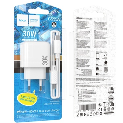 мережевий зарядний пристрій hoco cs55a 1usb/18w/qc3.0 + 1type-c/30w/pd + (type-c - type-c) (білий) 