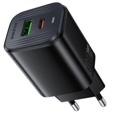 мережевий зарядний пристрій borofone bas85a pd30w + qc3.0 (1usb/1type-c/3a) (чорний) 