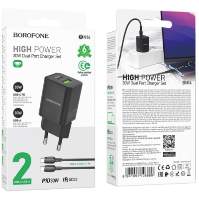 мережевий зарядний пристрій borofone bn14 1usb/30w/qc3.0 + 1type-c/30w/pd + (type-c - type-c) (чорний) 