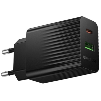 мережевий зарядний пристрій borofone bas74a 1usb/18w/qc3.0 + 1type-c/20w/pd (чорний) 