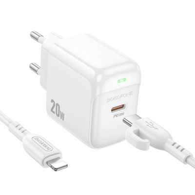 мережевий зарядний пристрій borofone bas43a 1type-c/20w/pd + (type-c - lightning) (білий) 