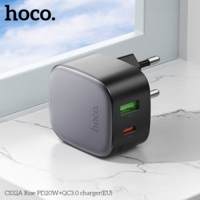 мережевий зарядний пристрій hoco cs32a rise 1usb/18w/qc3.0 + 1type-c/20w/pd (чорний) 