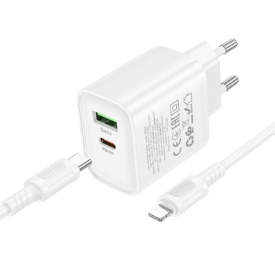мережевий зарядний пристрій borofone ba83a 1usb/18w/qc3.0 + 1type-c/20w/pd + (type-c - lightning) (білий) 