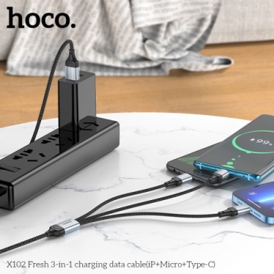 кабель hoco x102 3in1 usb - (lightning+microusb+type-c) 2.4a/1m (чорний) 