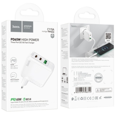 мережевий зарядний пристрій hoco c115a pd65w+ qc3.0 (1usb/2type-c) (білий) 