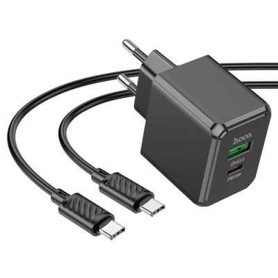 мережевий зарядний пристрій hoco cs14a 1usb/18w/qc3.0 + 1type-c/20w/pd + (type-c - type-c) (чорний) 