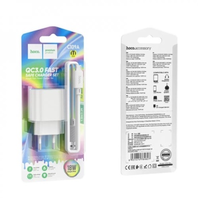 мережевий зарядний пристрій hoco c109a fighter 1usb/18w/qc3.0 + (usb - microusb) (білий) 