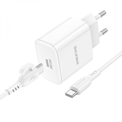 мережевий зарядний пристрій borofone ba81a power 1type-c/20w/pd + (type-c - type-c) (білий) 