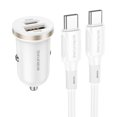 Автомобільний Зарядний Пристрій Borofone BZ22 1USB/18W/QC3.0 + 1Type-C/30W/PD + (Type-C - Type-C) (Бiлий)