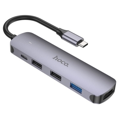 usb hub hoco hb27 type-c multi-function converter (hdtv+usb3.0+usb2.0*2+pd) (металево-сірий) 