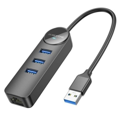 usb hub borofone dh6 (usb to usb3.0*3+rj45) 1,2м - чорний 