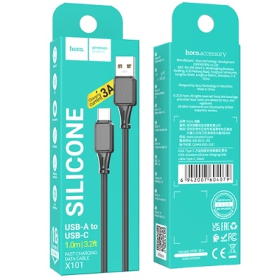 кабель hoco x101 silicone usb - type-c 3.0a/1m (чорний) 