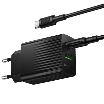 мережевий зарядний пристрій borofone bas76a 1usb/18w/qc3.0 + 1type-c/30w/pd + (type-c - type-c) (чорний) 