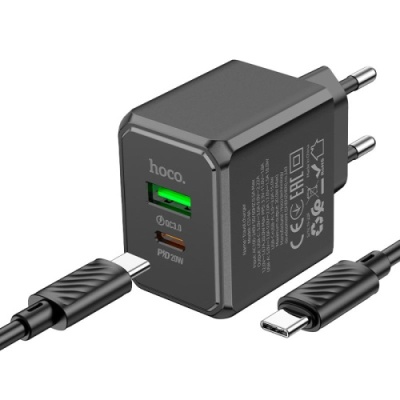 мережевий зарядний пристрій hoco cs14a 1usb/18w/qc3.0 + 1type-c/20w/pd + (type-c - type-c) (чорний) 