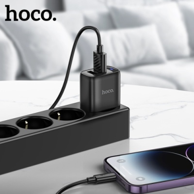 мережевий зарядний пристрій hoco c141a 2usb/2.1a + (usb - lightning) (чорний) 