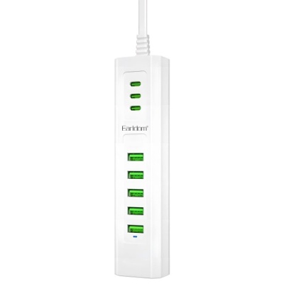 мережевий подовжувач earldom es-sc12 eu 8in1 5xusb + 3xusb-c/1м (білий) 