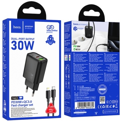 мережевий зарядний пристрій hoco n63 1usb/18w/qc3.0 + 1type-c/30w/pd + (type-c - lightning) (чорний) 