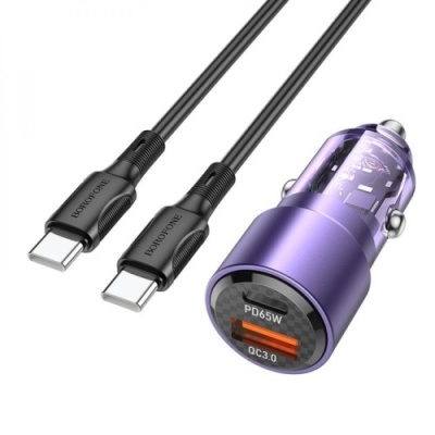 Автомобільний Зарядний Пристрій Borofone BZ20A Smart 83W dual port 1USB/18W/Q.C.3.0 + 1USB-C/65W/PD + (Type-C to Type-C) (Фіолетовий)