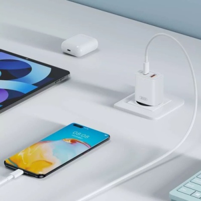 мережевий зарядний пристрій xo l130 (nb190a) 1usb/18w/qc3.0 + 1type-c/30w/pd + (type-c - type-c) (бiлий) 