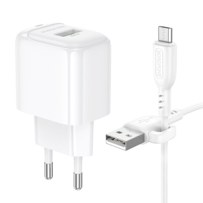 мережевий зарядний пристрій borofone bas42a 1usb/18w/qc3.0 + (usb - microusb) (білий) 