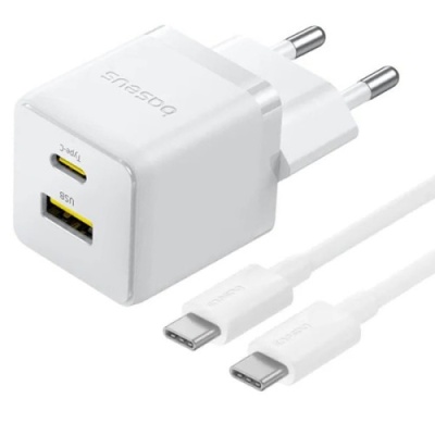 мережевий зарядний пристрій baseus palm fast charger (p1011160a213-01) 1usb/qc3.0 + 1type-c/pd 30w + (type-c - type-c 60w) (білий) 