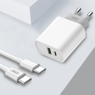 мережевий зарядний пристрій xo l64 1usb/18w/qc3.0 + 1type-c/20w/pd + (type-c - type-c) (бiлий) 