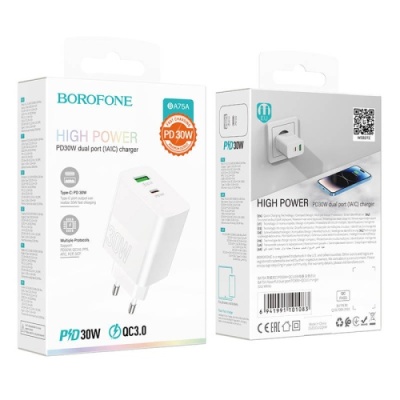 мережевий зарядний пристрій borofone ba75a powerfull 1usb/18w/qc3.0 + 1type-c/30w/pd (бiлий) 