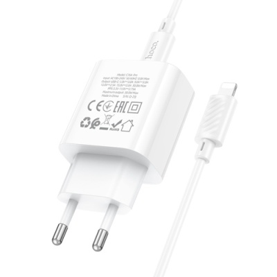 мережевий зарядний пристрій hoco c76a pro 1type-c/30w/qc3.0/pd + (type-c - lightning) (білий) 