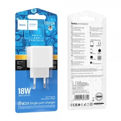мережевий зарядний пристрій hoco cs12a 1usb/18w/qc3.0 (білий) 
