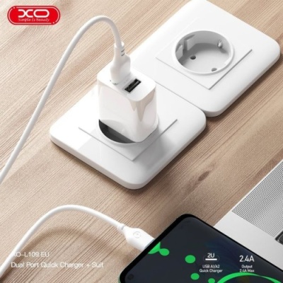 мережевий зарядний пристрій xo l109 2usb/2.4a + (usb - lightning) (білий) 