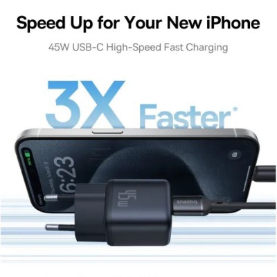 мережевий зарядний пристрій baseus picogo gan fast charger type-c 45w (p10176800123-00) (black) 