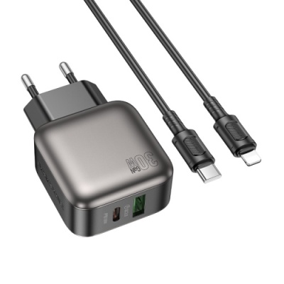 мережевий зарядний пристрій borofone bas55a gan 1usb/20w/qc3.0 + 1type-c/30w/pd + (type-c - lightning) (чорний) 