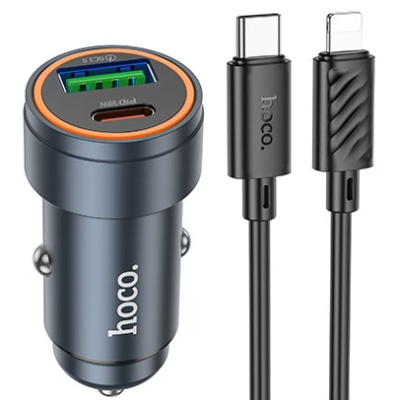 Автомобільний Зарядний Пристрій Hoco Z57A PD30W+QC3.0 (1USB/1Type-C) + (Type-C - Lightning) (Сірий)
