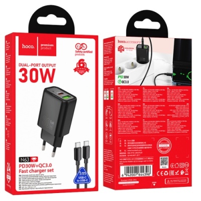 мережевий зарядний пристрій hoco n63 1usb/18w/qc3.0 + 1type-c/30w/pd + (type-c - type-c) (чорний) 
