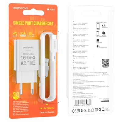 мережевий зарядний пристрій borofone ba68a 1usb/2.1a + (usb - type-c) (білий) 