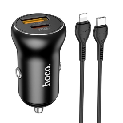 Автомобільний Зарядний Пристрій Hoco NZ5 Smooth road 1USB/30W/QC3.0 + 1Type-C/30W/PD + (Type-C - Type-C) (Чорний)