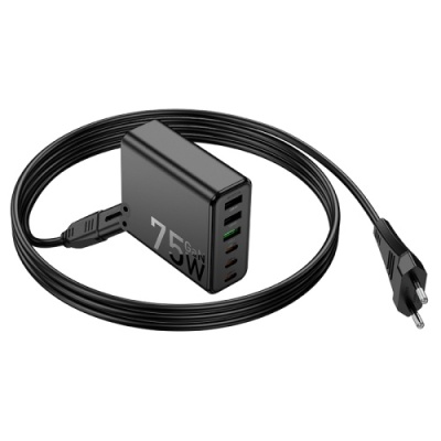 мережевий зарядний пристрій hoco c133a 75w 1usb/18w/qc3.0 + 1type-c/45w/pd (чорний) 