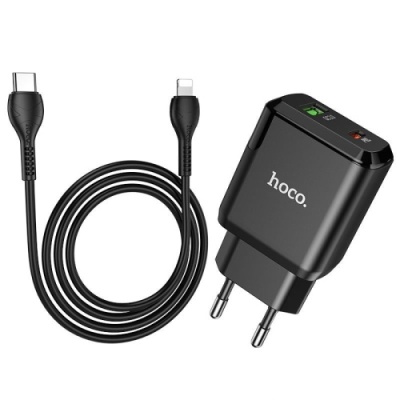 мережевий зарядний пристрій hoco n5 1usb/18w/qc3.0 + 1type-c/20w/pd + (type-c - lightning) (чорний) 