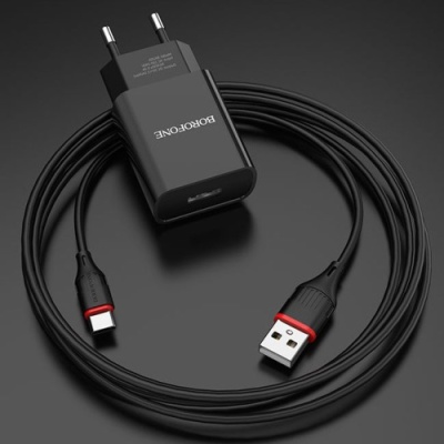 мережевий зарядний пристрій borofone ba20a 1usb/2.1a + (usb - type-c) (чорний) 