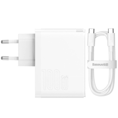 мережевий зарядний пристрій baseus gan5 fast charger (ccgp090202) 1usb/60w/qc4.0 + 1type-c/100w/pd + (type-c - type-c) (білий) 