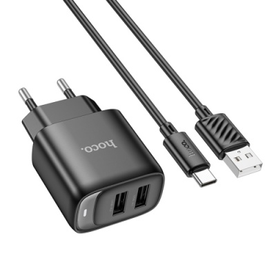 мережевий зарядний пристрій hoco c141a smart dual-port charger set 2usb/2.1a + (usb - type-c) (чорний) 
