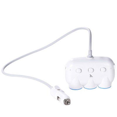 Розгалужувач прикурювача Hoco C1 (3 порта+2USB/5V/3.1A) (Білий)