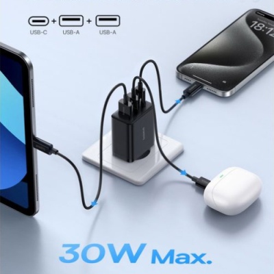 мережевий зарядний пристрій baseus cube fast charger eu cluster (p10111402113-00) 2usb/qc3.0 + 1type-c/30w/pd (чорний) 